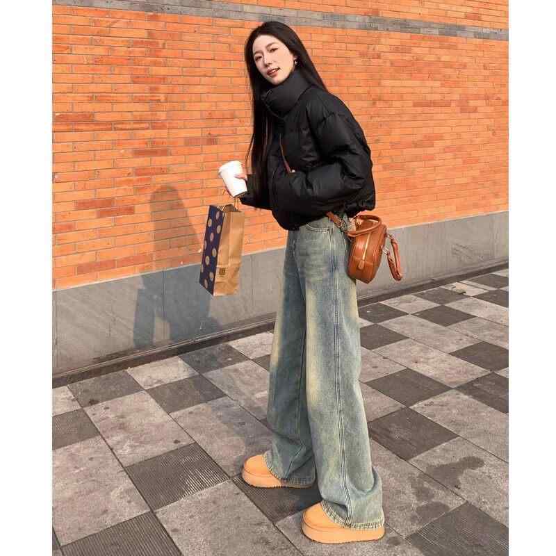 デニムパンツ レディース ビンテージ加工 ストレート ハイウエスト ワイドレッグ ゆったり スリム見え 大きめサイズ 春秋 カジュアル デニム素材 フィット ヴィンテージスタイル