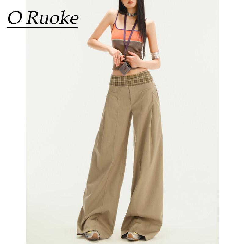 Rakuten - レディース ハイウエスト ワイドレッグ パンツ カーキ チェック柄 切り替え ゆったり ロング カジュアル 普段使い