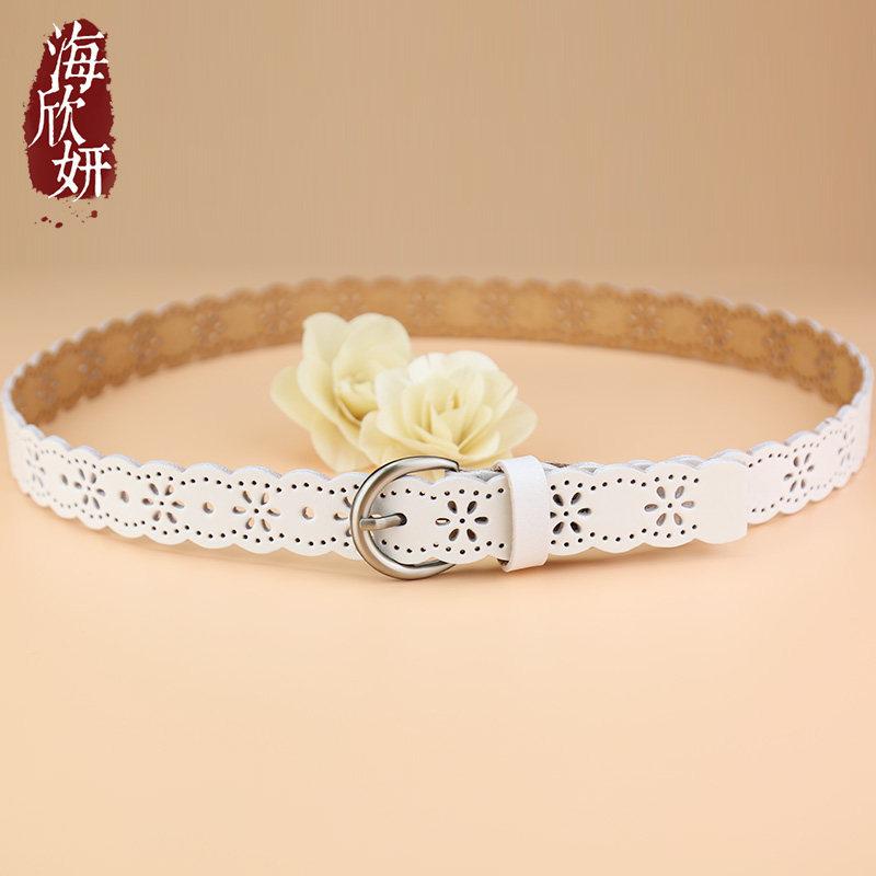 レディース ワイド ベルト 革 牛革 ピン留め ホワイト 透かし彫り カジュアル ファッション 万能 日常使い コーディネート ズボン パンツ 用