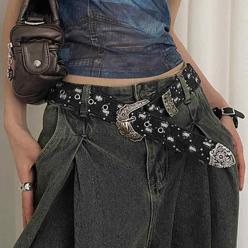 レディース レトロ デニム ベルト 女性用 個性派 古着風 アメリカンスタイル ウエスト 装飾 デニムパンツ コーディネート アクセサリー 軽量 伸縮性