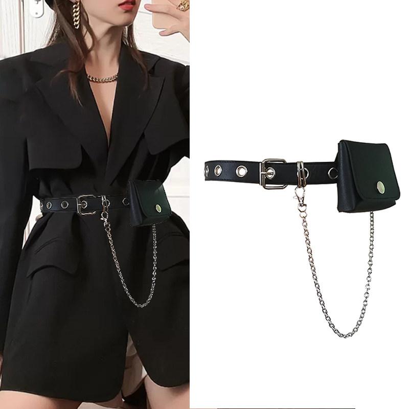 女用 - レディース パンク風 JK制服 ベルト アクセサリー チェーン付き 腰帯 全孔 ファッション パンツベルト 穴あけ不要 バッグ用 革調 スタイリッシュ 普段使い