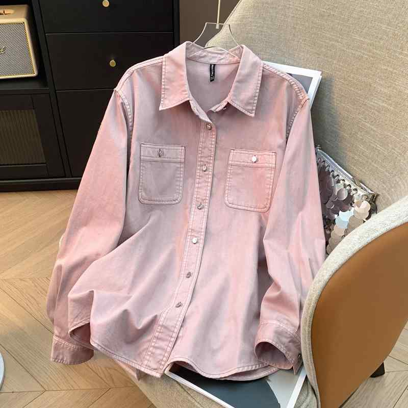 シャツ レディース ピンク 牛仔 綿 素材 工装 スタイル 大きいサイズ ゆったり トップス 外套 厚手 シャツ 女性用 カジュアル 通勤 普段使い 軽量 伸縮性 吸湿速乾 デニム 加工 ビッグシルエット Vネック アイボリー ピンク系 秋冬