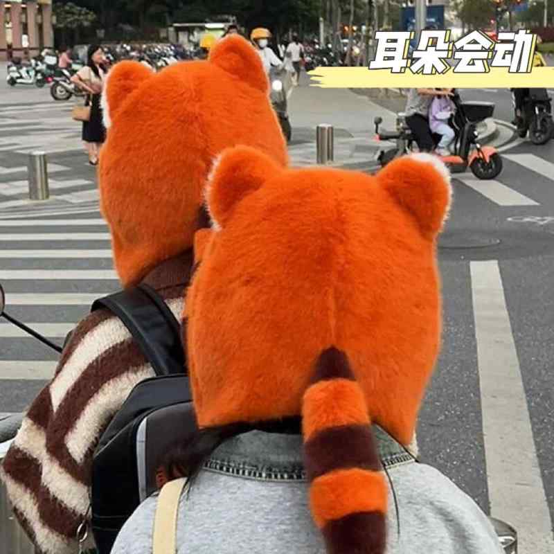 キッズ 女の子用 浣熊 尻尾 付き 帽子 かわいい 動く耳 毛绒 耳あて帽 冬用 自転車 耳保護 ぬいぐるみ風 遊び心 あったか 防寒