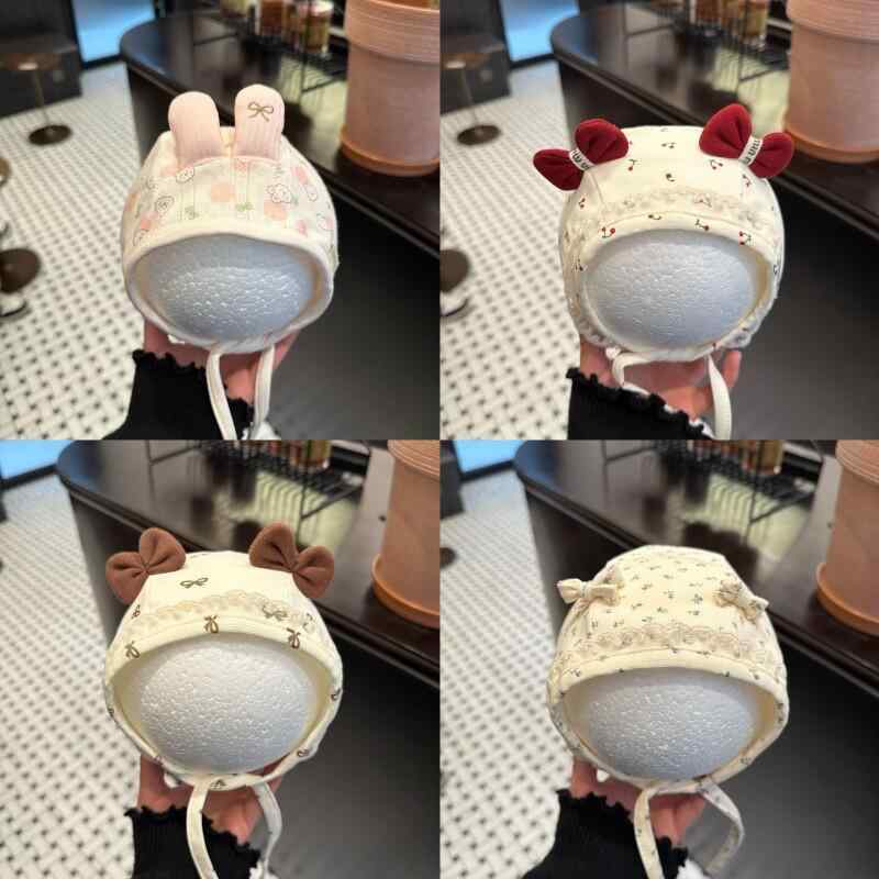 ベビー 春夏 耳当て 帽子 かわいい 紐付き プルオーバー 甘め おしゃれ 赤ちゃん用 新生児対応 ベビーキャップ 軽量 通気性 ソフト素材