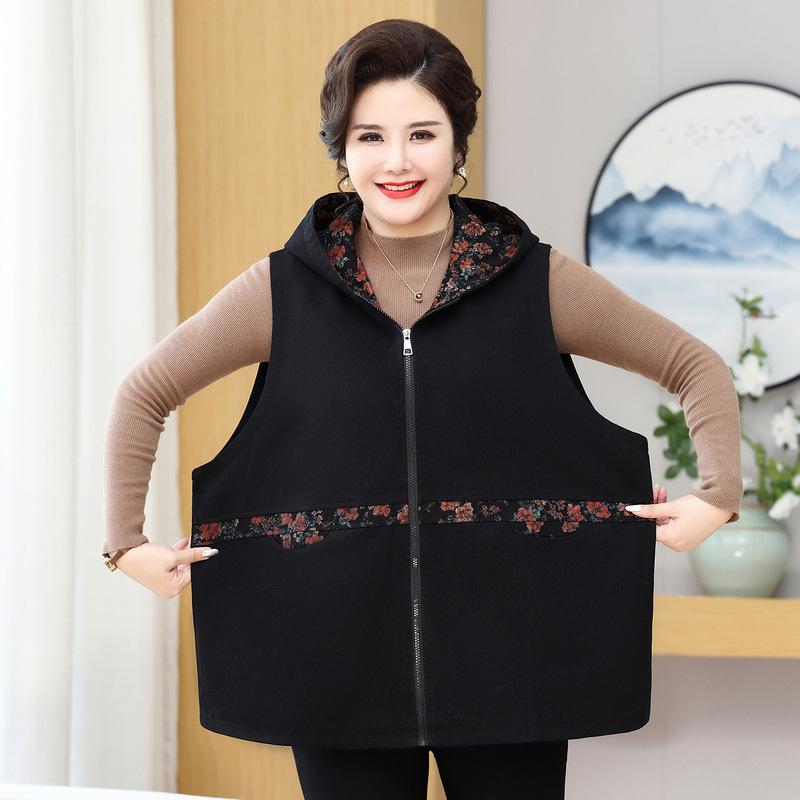 秋冬 レディース 中高年 大きいサイズ 綿混 暖か 切り替え フード付き ベスト 馬甲 キャミソール コート ガウン ショールカラー グランマ 普段使い 軽量 伸縮性 高級感 ブラック グレー アイボリー