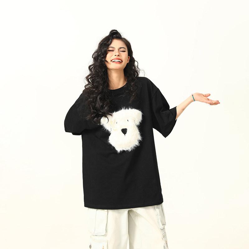 T-Shirts - Tシャツ レディース 短袖 夏 ゆったり レトロ 小犬 立体 ぬいぐるみ かわいい トップス 普段使い 百搭 復古 体恤 宽松 夏季 女 野生阿子 毛绒