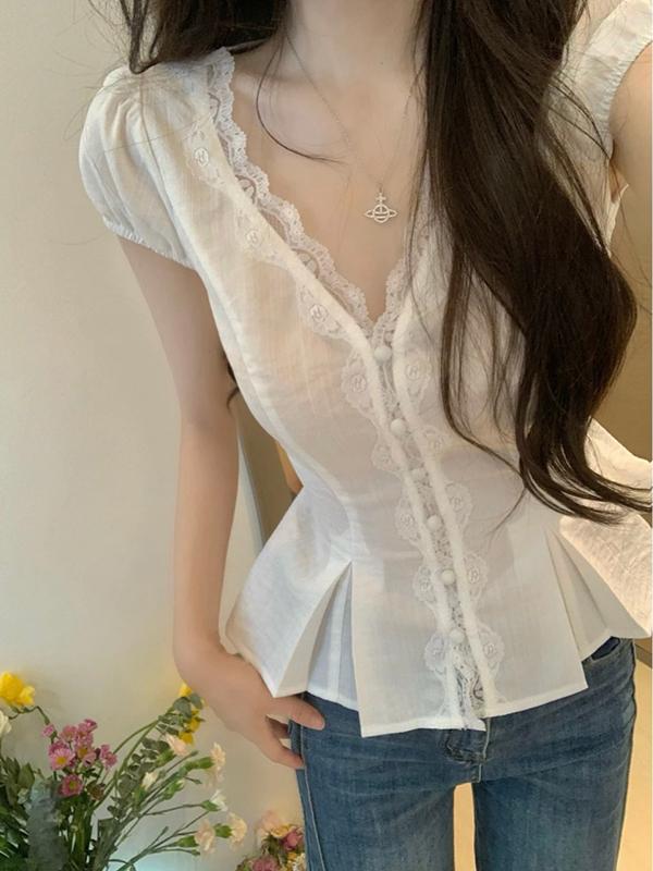 ブラウス 女性用 春夏 接触冷感 レース 短袖 シャツ トップス 切り替え ハイウエスト ビッグシルエット 綿 再生繊維 軽量 伸縮性 吸湿速乾 ファッション 収腰 かわいい 気質 普段使い 通勤用 部屋着 ピンク系 ブラック アイボリー ヒョウ柄
