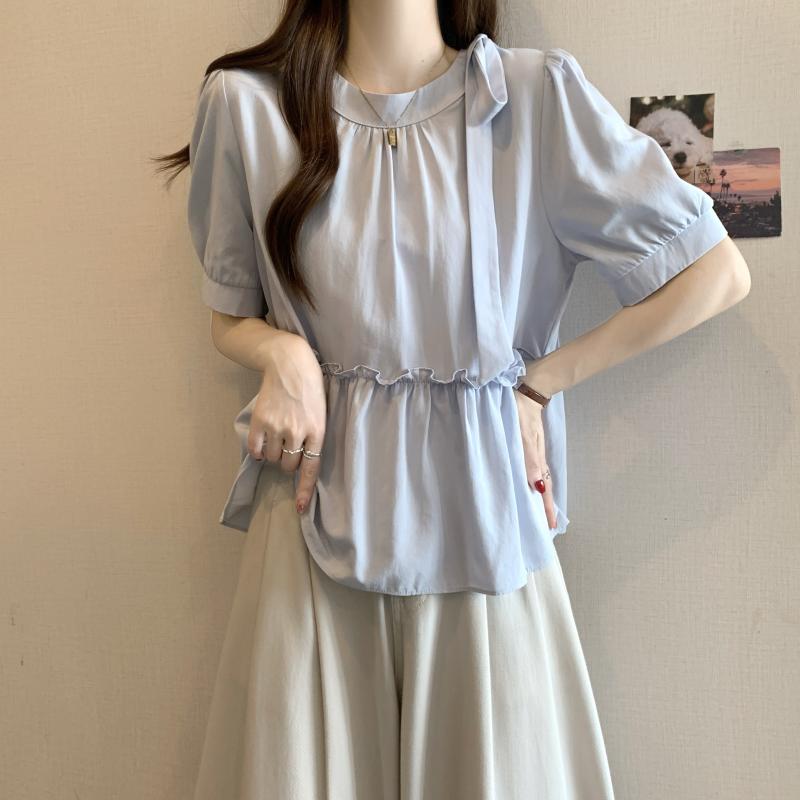 乐天商城 - レディース 短袖 シャツ トップス 春夏 女性用 韓国風 バタフライボウ 切り替え デザイン コットン 混紡 軽量 通気性 吸湿速乾 ゆったり 大きめサイズ 気品 ボディカバー スリム効果 かわいい 日常使い ブラウス インナー