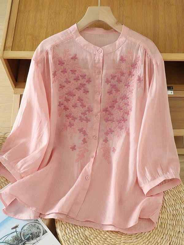 半袖 シャツ 女性用 綿麻 刺繍 デザイン 春夏 軽量 通勤 普段使い ゆったり 大きいサイズ トップス 再生繊維 混 涼しい かわいい 復古 ..