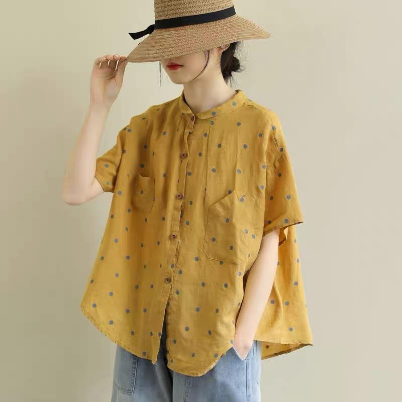 リネンシャツ 女性用 短袖 春夏 コットン麻素材 復古文芸 ポルカドット柄 ゆったりシルエット 大きいサイズ 森ガール トップス 軽量 通気性 吸湿速乾 かわいい カジュアル 普段使い ブラウス ワイドフィット ボヘミアン 夏服 涼しい 柔らかい ベーシ