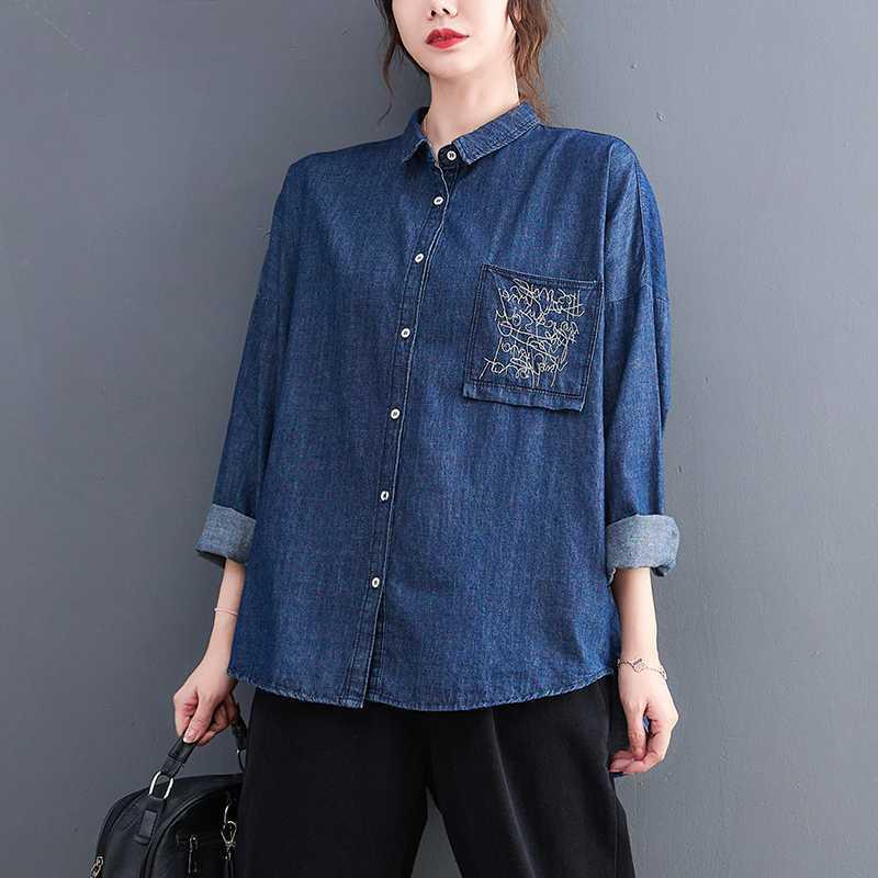 長袖 デニム シャツ 女性用 秋冬 復古 デザイン POLO 襟 ゆったり 大きめ サイズ 別注 トップス コットン 素材 ゆったり シルエット 通勤 普段使い 軽量 伸縮性 秋冬 コーデ ブラック ブルー ベージュ カジュアル スタイル