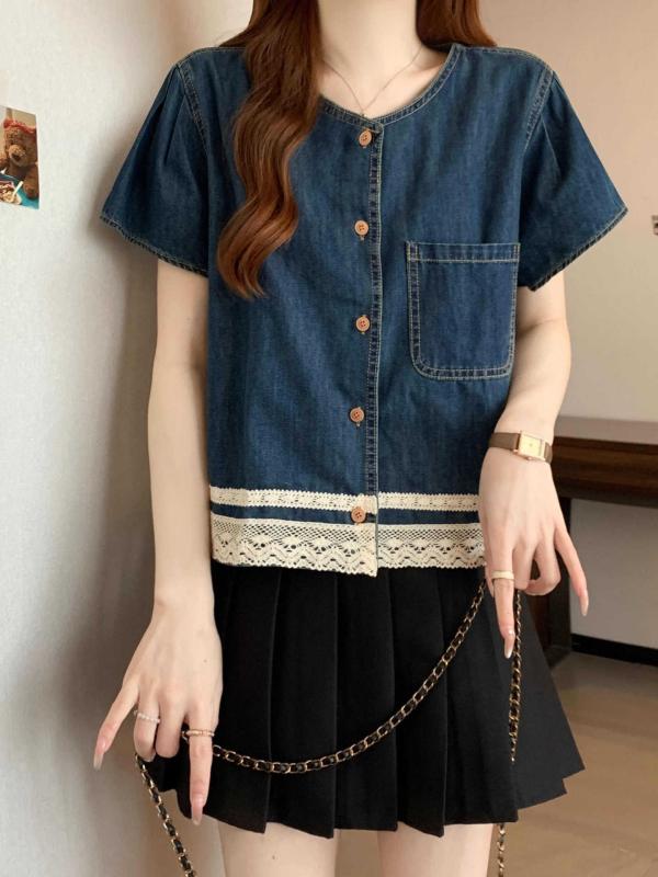 Tシャツ レディース 牛仔 短袖 レース 花辺 切り替え デザイン 接触冷感 綿素材 ビッグシルエット ハイネック 春夏 普段使い 通勤用 軽量 伸縮性 吸湿速乾 ブラック ピンク系 アイボリー 大きめサイズ かわいい 女性用 トップス シャツ インナー