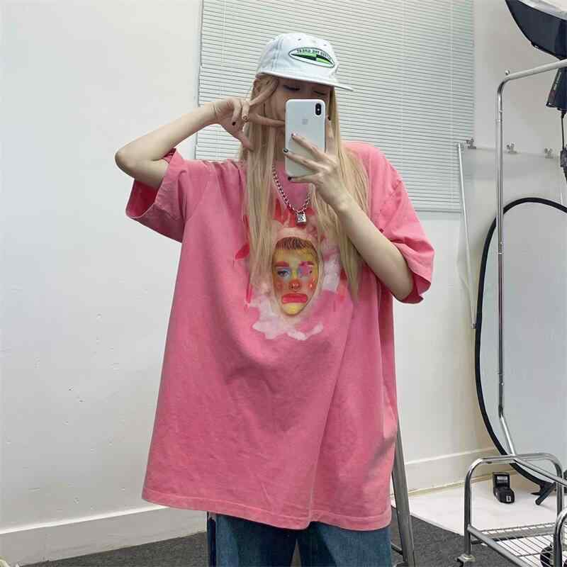Polo Shirt - Tシャツ トップス メンズ レディース 半袖 ピンク ピエロ柄 プリント ゆったり フィット カジュアル 夏用 アメリカンスタイル ヴィンテージ ペア 情侣