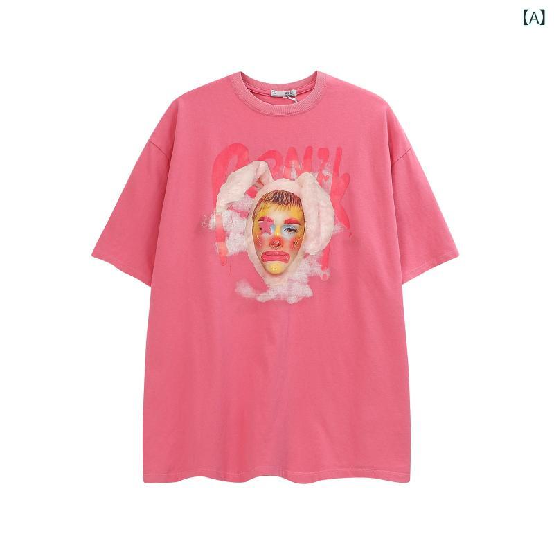 リバーパディのTシャツ トップス メンズ レディース 半袖 ピンク ピエロ柄 プリント ゆったり フィット カジュアル 夏用 アメリカンスタイル ヴィンテージ ペア 情侣｜アングル2