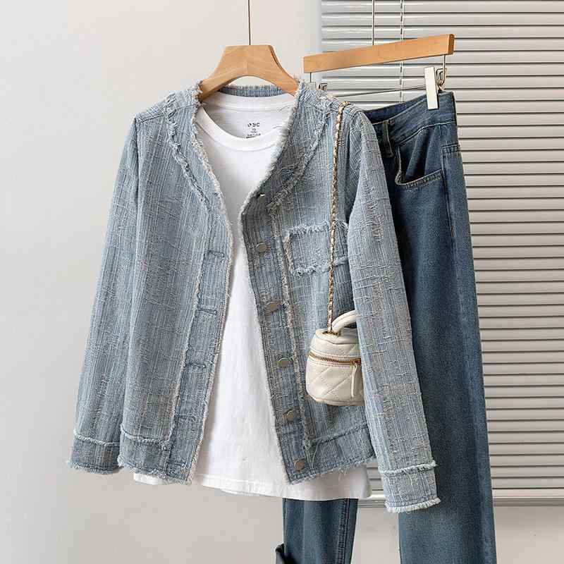樂天商城 - レディース デニムジャケット トップス 復古風 デザイン ゆったりシルエット スリム効果 ゆったり デニム素材 コットン混 春夏 秋冬 通勤 普段使い アウトドア 軽量 伸縮性 ゆったりフィット ブルー系 カジュアルスタイル