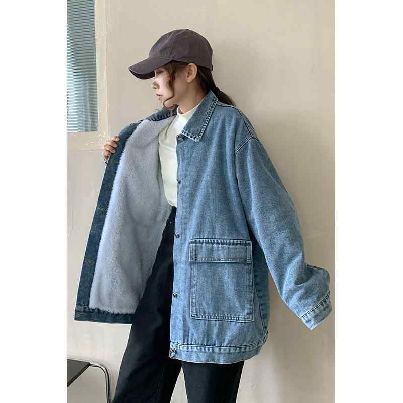 Other Jackets Jumpers - 秋冬 女性用 厚手 デニム ジャケット コットン トップス 韓国風 ルーズ ビッグシルエット フリースライナー ゆったり 大きいサイズ 暖か 普段使い 軽量 カジュアル ストレッチ インポート 風合い 柔らか ブラック グレー ベージュ コート ボンバー