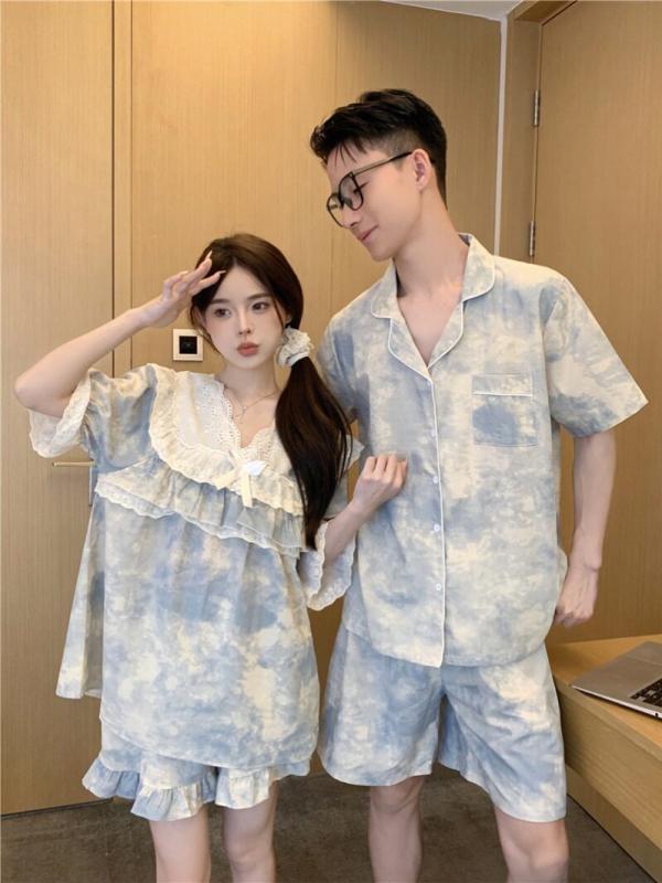 ルームウェア パジャマ カップル用 男女ペア 夏用 ブルー系 タイダイ柄 短袖 2ピースセット ホームウェア 外出着 薄手 軽量 涼感 吸湿速乾 カジュアル