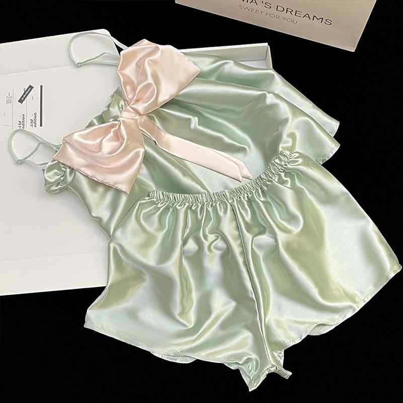 レディース 吊り帯スリープウェア 夏用 接触冷感 高級感 グリーン 蝶結び 再生繊維 ショーツ セクシー セット ルームウェア 部屋着 軽量 伸縮性 ピンク系 アイボリー ビッグシルエット Vネック 通勤用 普段使い アウトドア