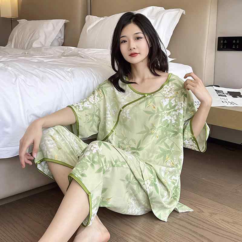 パジャマ レディース 夏用 薄手 綿　 中国風 大きめサイズ ゆったり 短袖 七分丈パンツ セット 部屋着 吸湿速乾 軽量 普段使い