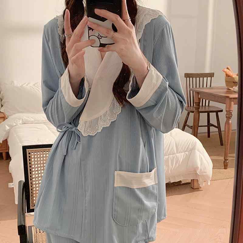 授乳パジャマ レディース マタニティ 妊婦用 産後用 妊娠期 哺乳期 接触冷感素材 春夏 薄手タイプ 無地カラーリング 和風 ルームウェア 部屋着 吸湿速乾 軽量・スタイル: シンプル・ディテール: 透け・パンツ丈: ロング・素材: アイス　・対象: 若者・生地重量: 400g以上・パンツ腰: ゴム・用途: 寝間着・厚み: 薄手・袖丈: 長袖・首元: Vネック・柄: 無地・トップス襟: 斜め襟・性別: 女性・サイズ展開: L, XL, XXL・カラー展開: ブルー, グリーン