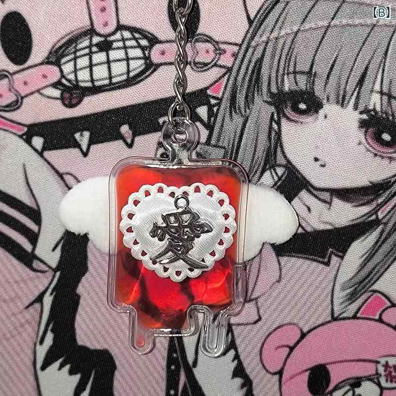 キーホルダー 女性用 かわいい ダークゴシック風 注射器型 血袋モチーフ 十字架 バッグチャーム チェーン アクセサリーの商品画像 3