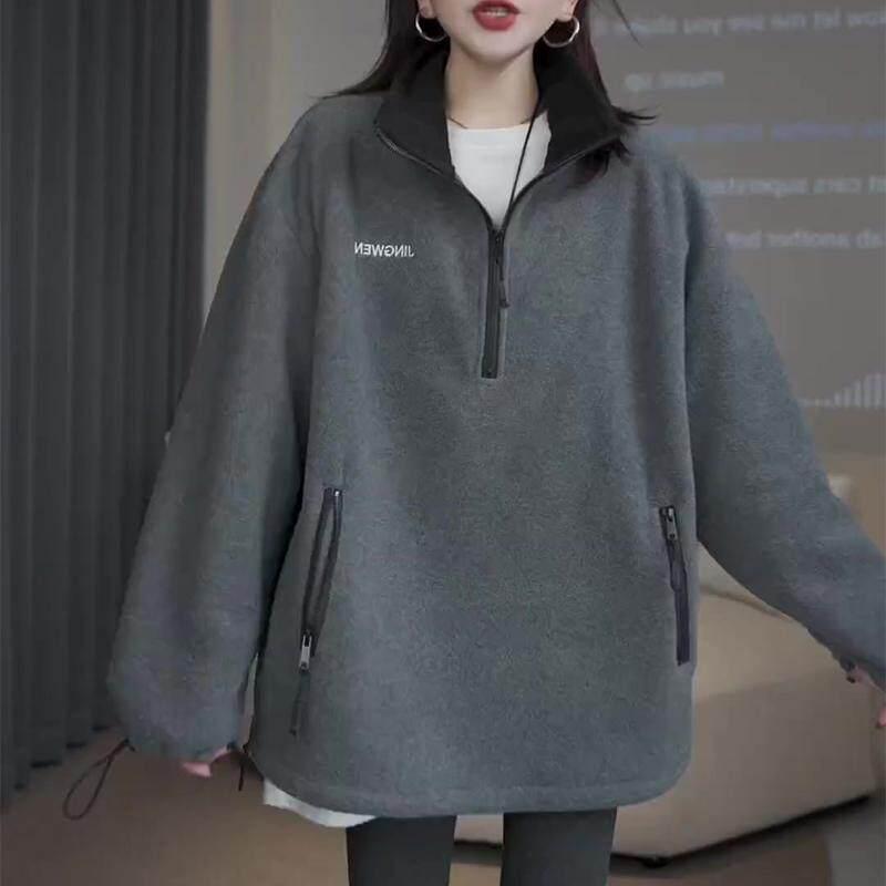Jacket - レディース スウェット 韓国 ハーフジップ スタンドカラー 長袖 ゆったり ボア 秋冬 アウター 暖か フリース トップス ストリート スタイル 普段使い