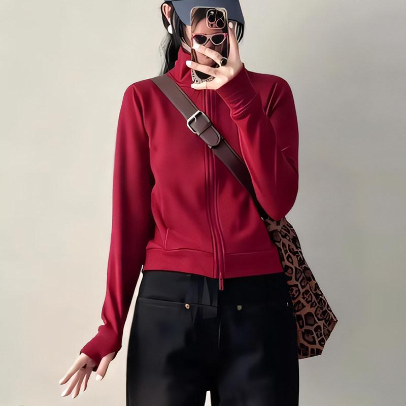 Jacket - カーディガン レディース 赤 レトロ ダブルジッパー ショート丈 立ち襟 スウェット アウター 秋 カジュアル スリムフィット 細見え ボディライン 強調 レイヤード スタイル
