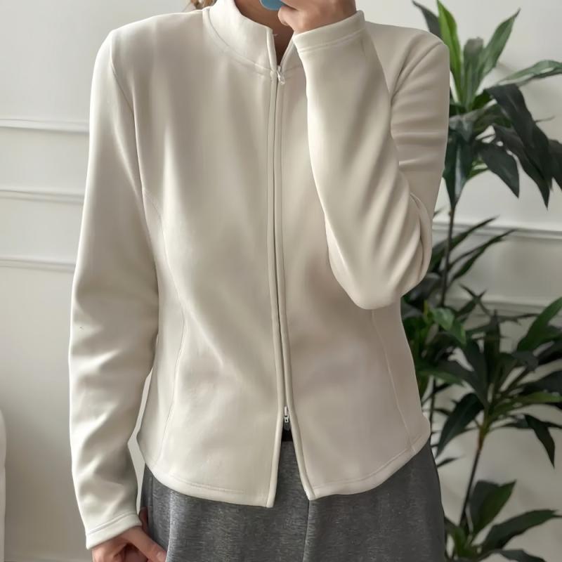 Jacket - カーディガン スウェット レディース 春 大きめサイズ 暖か ダブルジッパー スタンドカラー スリムフィット スタイルアップ インナー アウター 兼用 ゆったり 着回し