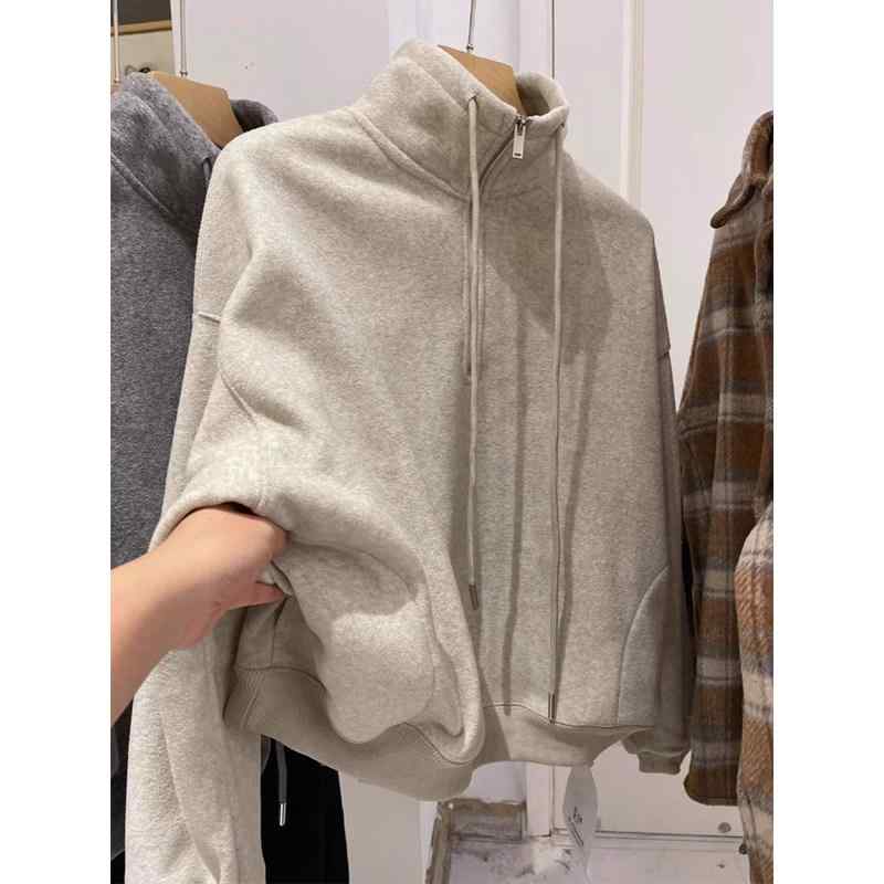 Jacket - レディース スウェット 半ジッパー スタンドカラー レトロ アメリカン スタイル 秋冬 アウター 小柄対応 ゆったり シック ラフ トップス 長袖 コットン 混 暖か 通勤 普段使い
