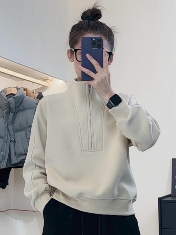 Jacket - パーカー レディース スタンドカラー ハーフジップ ゆったりシルエット 性 春秋 カジュアル トップス 小柄対応 フィット デイリーウェア