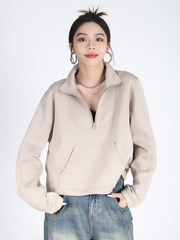 Wear - レディース スタンドカラー ハーフジップ スウェット 春秋 ゆったり リラックス カジュアル 長袖 トップス トレーナー インナー レイヤード