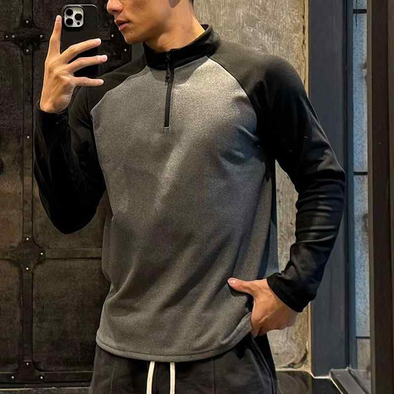 トレーニングTシャツ メンズ 長袖 秋冬 ハーフジップ コントラストカラー フリース加工 暖か インナー カジュアル スポーツ ジム用 吸湿速乾 トップス