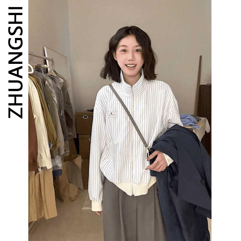 Jacket - カーディガン レディース 秋 条紋 ジッパー スタンドカラー 長袖 スウェット シンプル 合わせやすい ゆったり フィット ユニーク コットン混 軽量