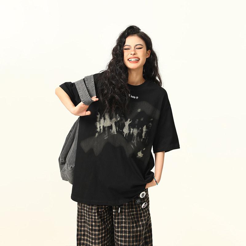 Garments - Tシャツ ユニセックス 夏用 レトロ アメリカン エイリアン プリント 半袖 カジュアル ストリート トップス グラフィック 柄 ゆったり フィット