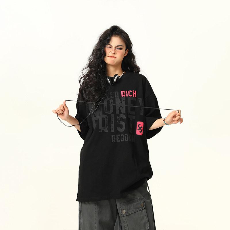 Garments - 短袖 Tシャツ メンズ レディース 夏用 レトロ ストリート アルファベット プリント 綿素材 ユニセックス カップル マッチング カジュアル トップス 普段使い 軽量 吸湿速乾