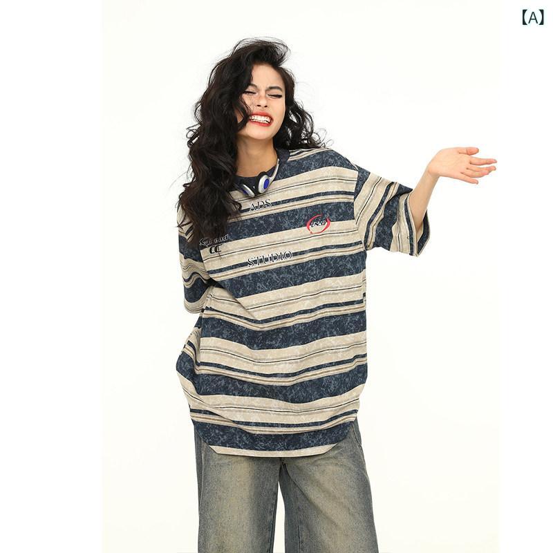 Tシャツ 短袖 メンズ レディース 夏 レトロ ストライプ タイダイ ビンテージ カジュアル トップス ストリート