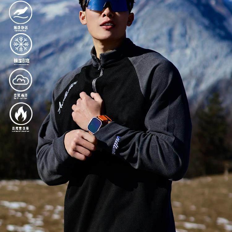 Jacket - Tシャツ 長袖 春 切り替え 保温 フランネル素材 トレーニング スポーツ ハーフジッパー スタンドカラー トップス 暖か フィットネスウェア アウトドア 軽量 伸縮性