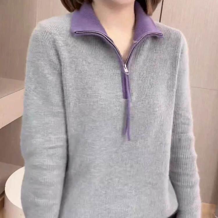 Jacket - ニットセーター レディース グレー ハイネック ジッパー 長袖 フィット スリム効果 ベーシック トップス 暖かみ 伸縮性 コーディネートしやすい アウター