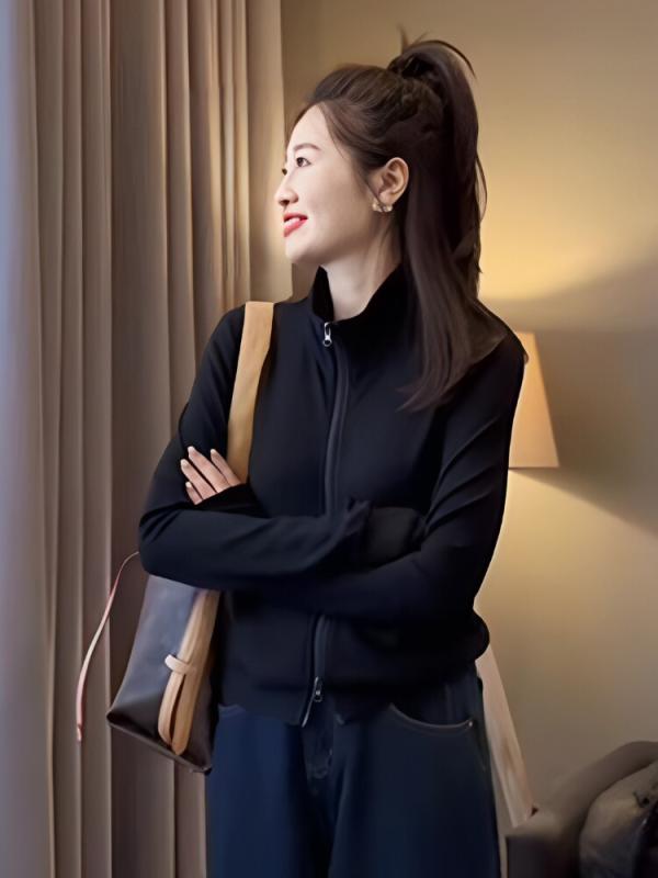 レディース スタンドカラー 短丈 フーディ カーディガン 春秋 ジッパー ゆったり 長袖 トップス カジュアル 普段使い 軽量 伸縮性