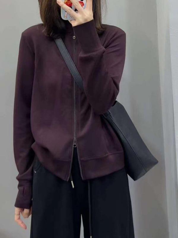 Jacket - レディース 大きめサイズ 長袖 スタンドカラー ジッパーカーディガン スウェット トップス 春 高級感 細見え ゆったり 普段使い 軽量 伸縮性