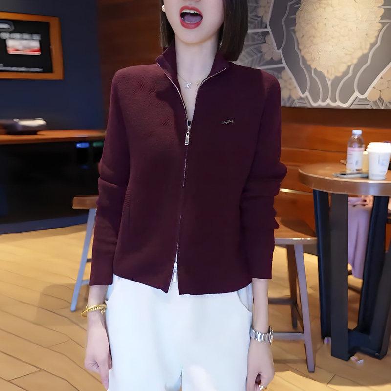Jacket - レディース カーディガン ワインレッド 長袖 スタンドカラー 両頭ジッパー 春 日常使い 万能 トップス 軽量 伸縮性 コットン混 ハイネック フェミニン スタイル