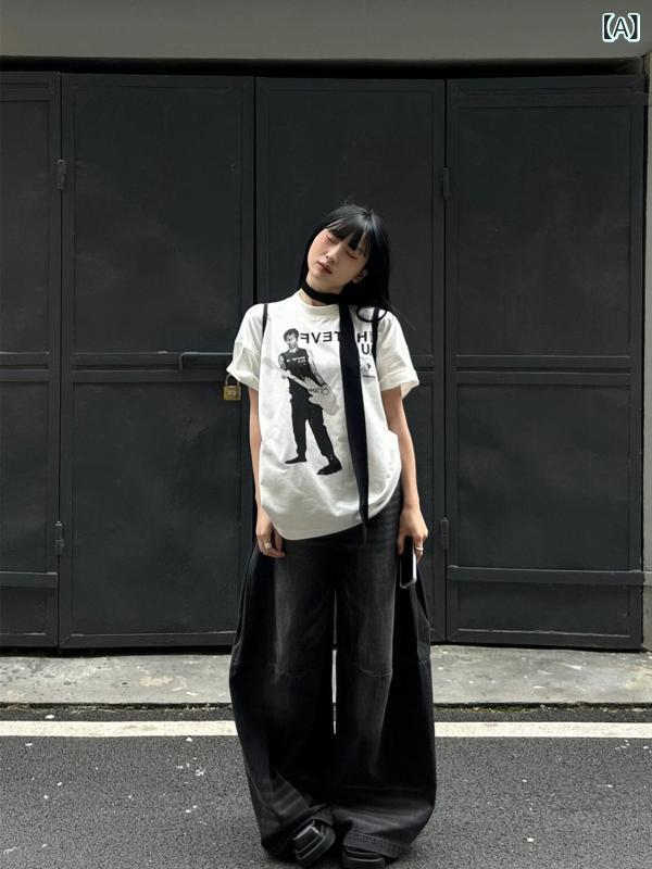 Tシャツ ユニセックス 夏用 アメリカン レトロ ギター柄 プリント ホワイト クルー...
