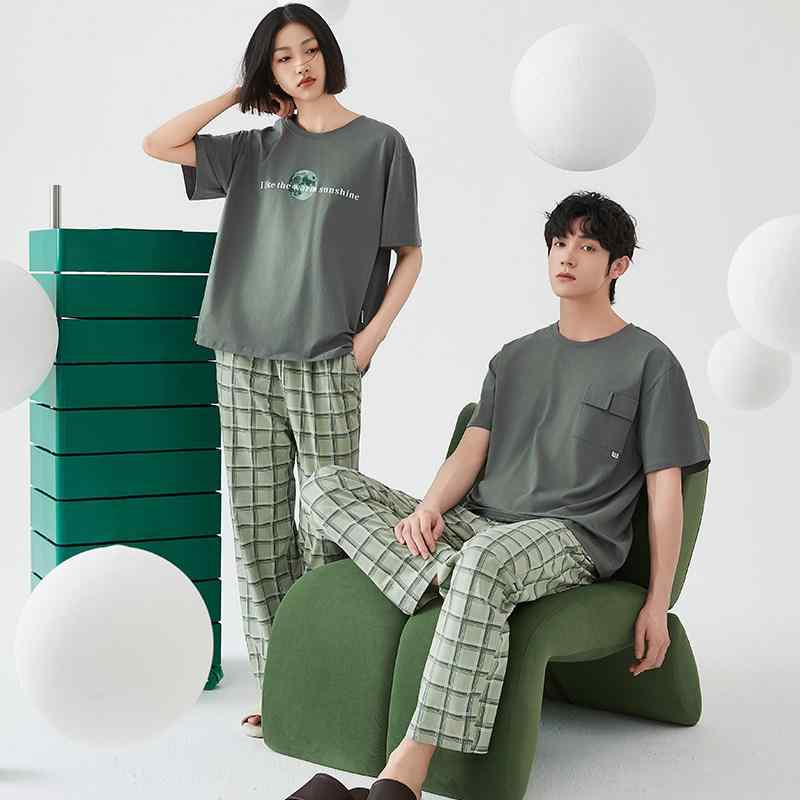 樂天商城 - パジャマ セット カップル 夏用 涼しい グリーン シンプル 短袖 チェック柄 ロングパンツ ルームウェア ゆったり 大きめ 丸首 吸湿速乾 軽量 部屋着 普段使い