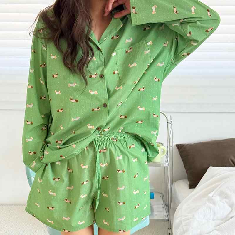 Other - 春夏 綿 パジャマ レトロ グリーン ダックスフンド柄 小襟 ゆったり ルームウェア カップル用 外出着 ペア ホームウェア カジュアル