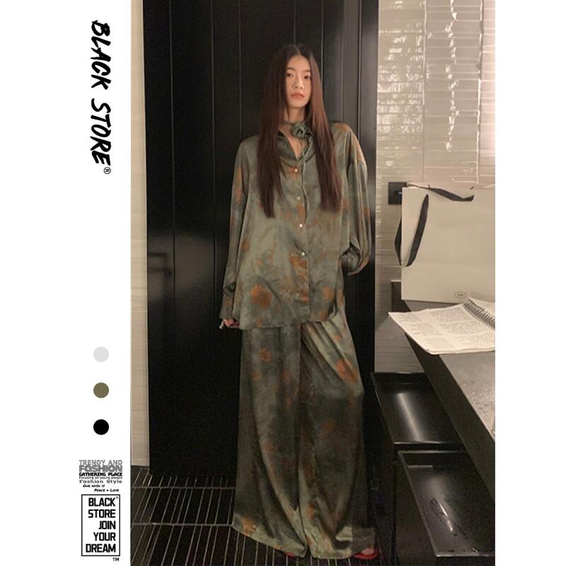 乐天商城 - パジャマ 女性用 カップル セット 接触冷感 花柄 プリント 高級感 カーディガン ロング丈 パンツ ルームウェア 春秋 部屋着 吸湿速乾 通気性 軽量 ソフト 快適 伸縮性