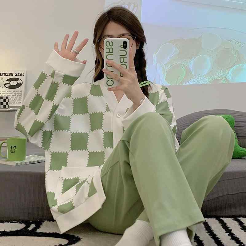 レディース パジャマ 長袖 綿100% 胸パッド付き かわいい ビッグサイズ グリーン ゆったり 部屋着 ホームウェア 快適 日常使い