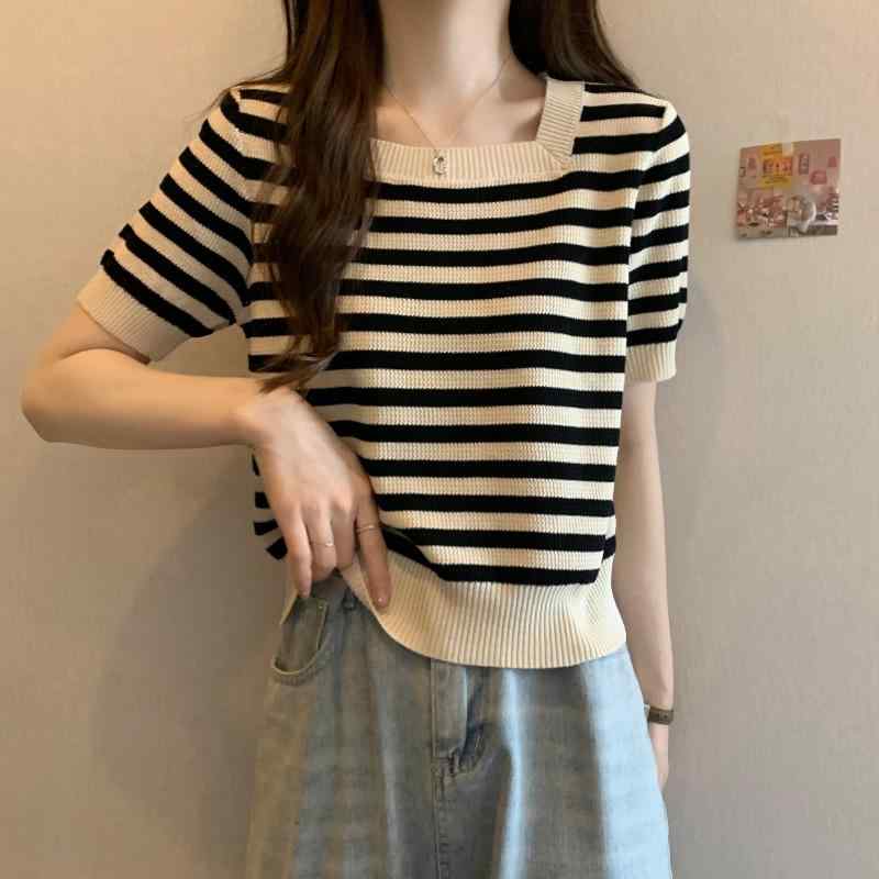 Tシャツ 女性用 夏 接触冷感 ストライプ 短袖 トップス ゆったりシルエット 显瘦 普段使い 百搭 短丈 スクエアネック 針織 綿混 吸湿速..