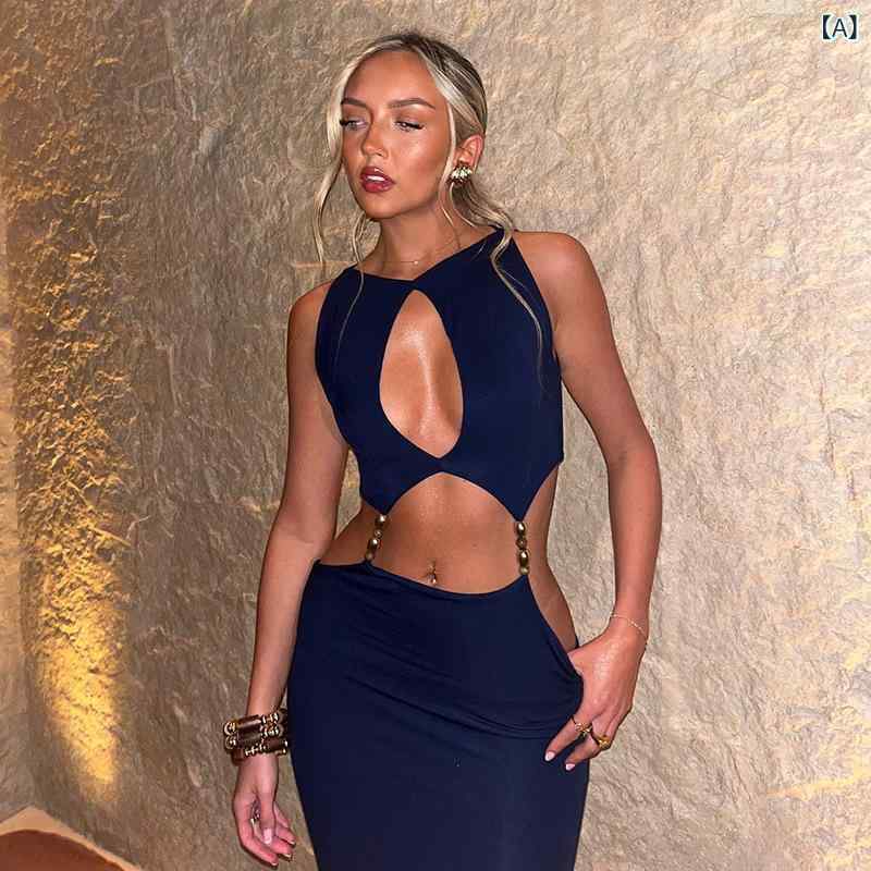 リバーパディのレディース ワンピース 無袖 セクシー 切り替え ロングドレス 夜店 金属装飾 純色 開き ホット トレンド 軽量 伸縮性 夏 春夏 通勤用 普段使い ブラック ピンク系 アイボリー 接触冷感 吸湿速乾 ハイウエスト ビッグシルエット Vネック 再生繊｜アングル2