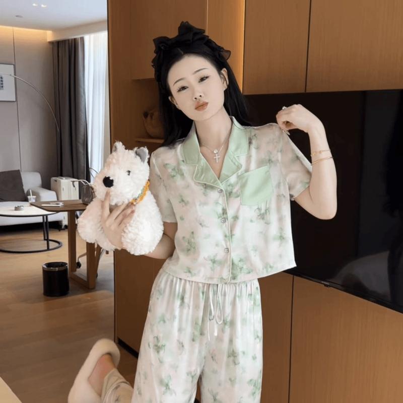 ルームウェア 女性用 夏用 接触冷感 半袖 ロングパンツ 高級感 グリーン 柔らかい光沢 ソフト　 部屋着 外出対応 吸湿速乾 軽量 ストレッチ素材