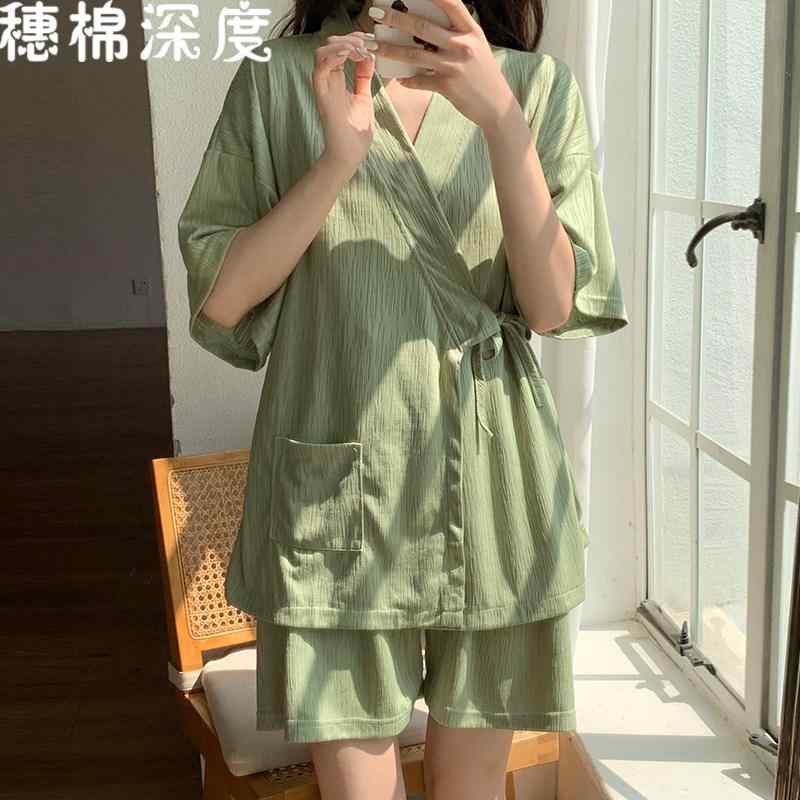 パジャマ レディース 夏用 短袖 グリーン シンプル 和風 ルームウェア ゆったり 大...